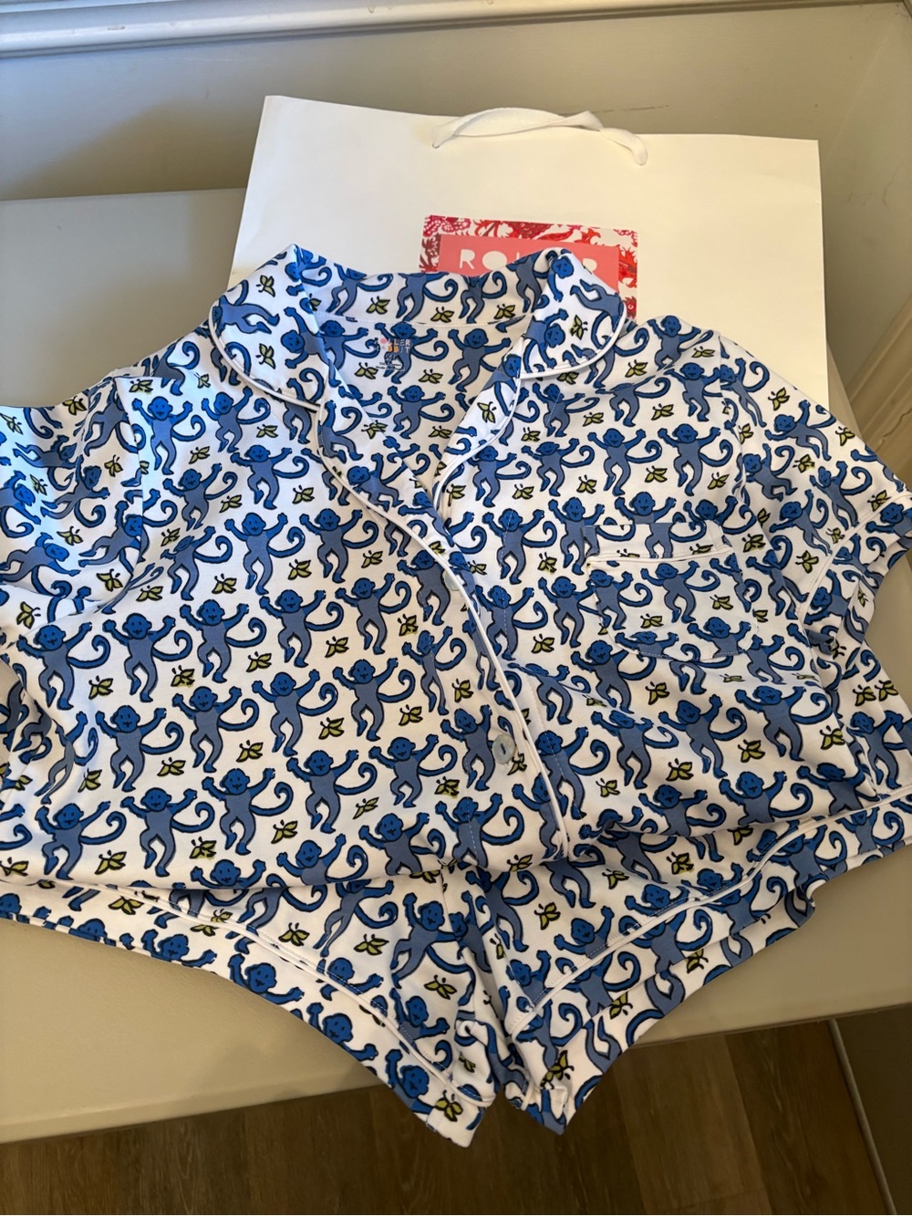 Roller Rabbit White & Blue Monkey Print Pajama Set - Short Sleeve & Shorts